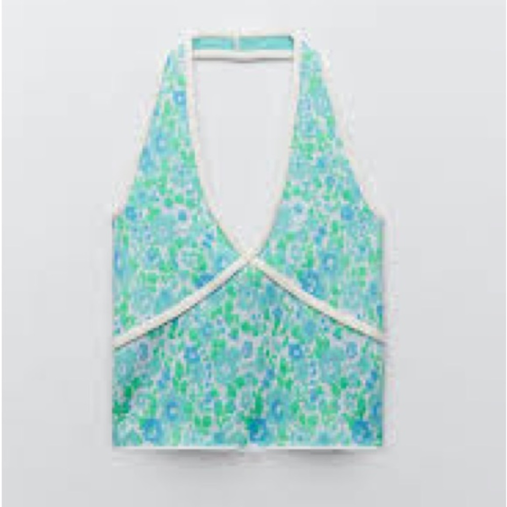 NEW Zara floral knit jacquard halter cotton blue Large